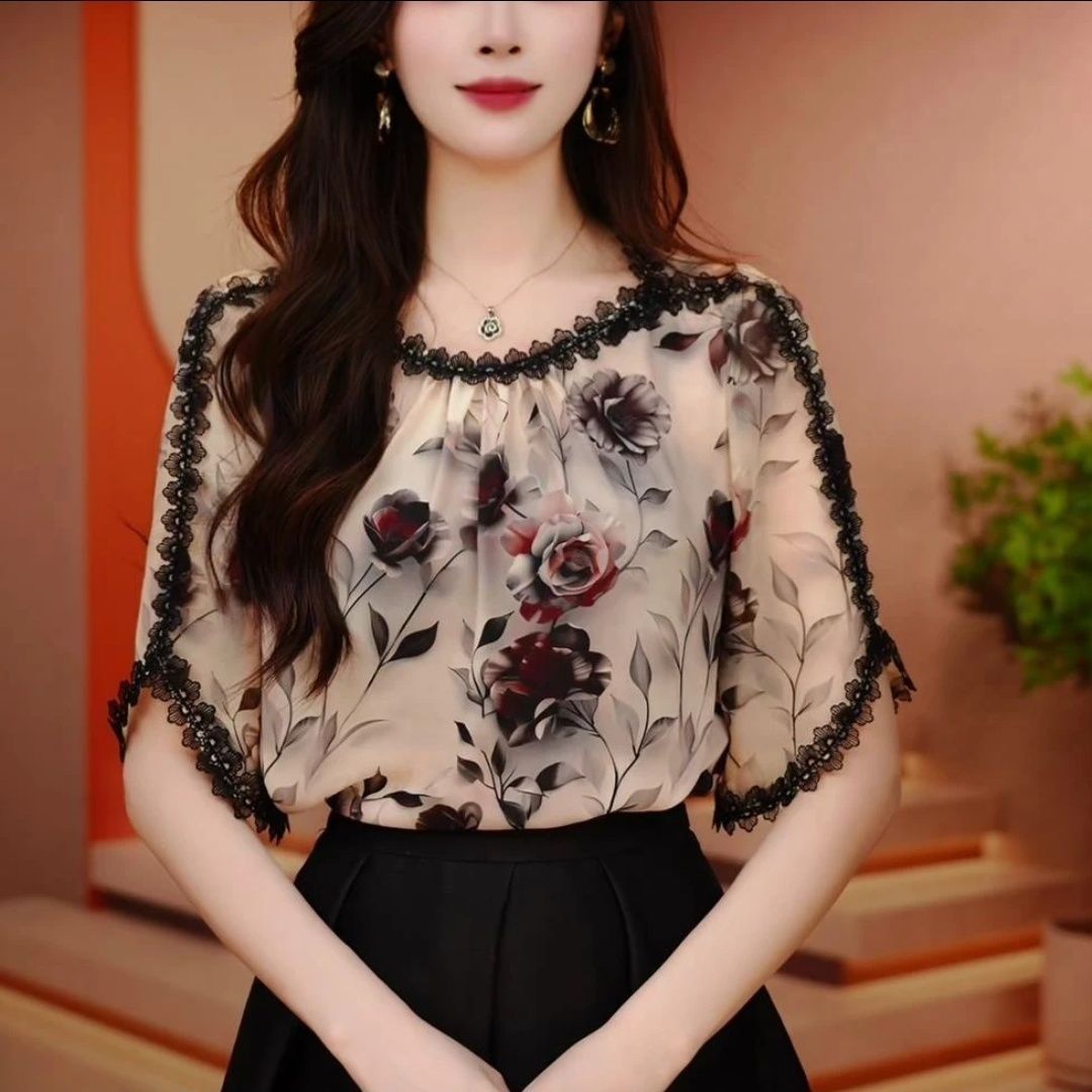 法式印花雪紡衫