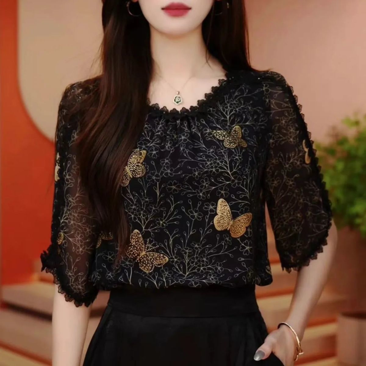 法式印花雪紡衫