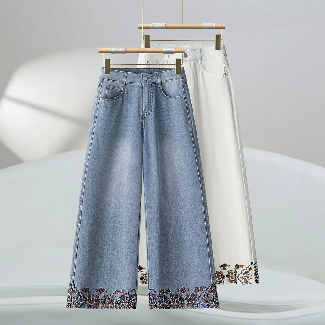 八分繡花牛仔褲